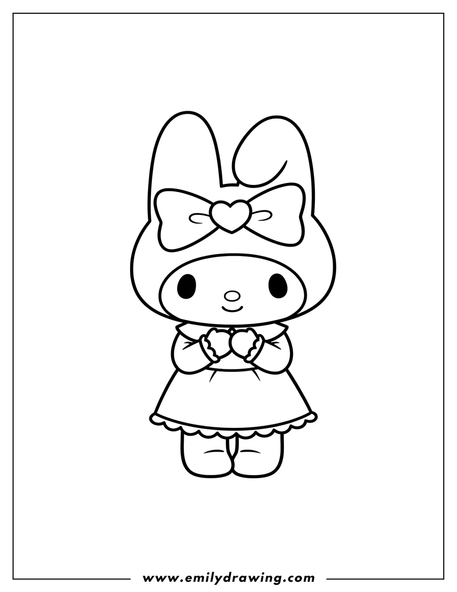Outline drawing of easy My Melody standing with clasped hands