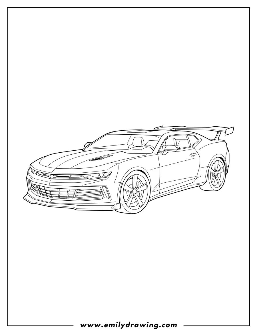 Free to print drawing of easy Outline 2025 Chevrolet Camaro sports car with a large spoiler, side-front view
