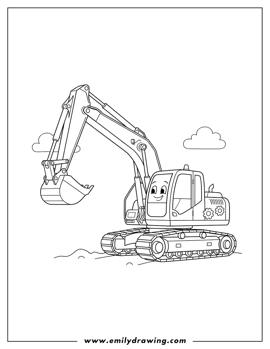 Downloadable coloring page of easy Outline Excavator Preschoolers, side view, arm extended, with tracks