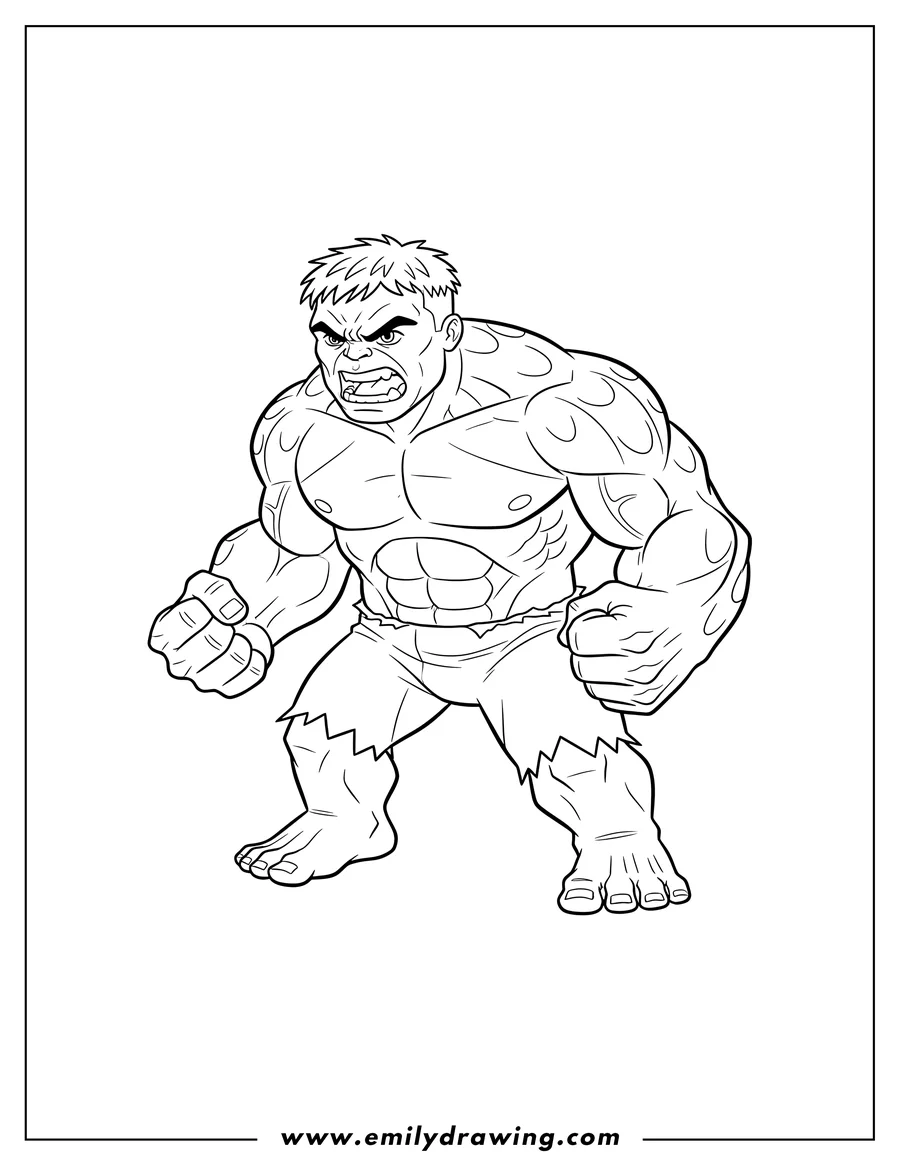 Coloring page of easy Outline Hulk To Color Young Scaled, angry with clenched fists and gritting teeth