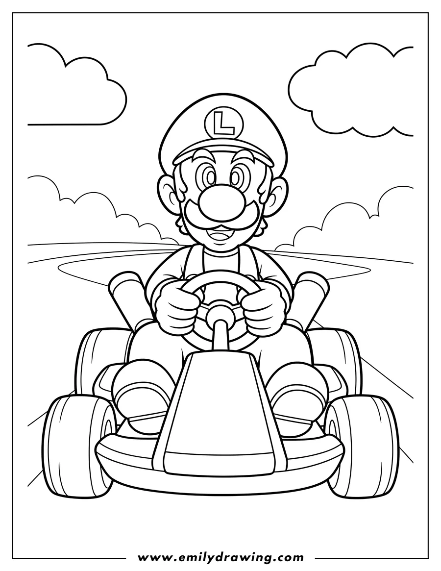 Vector style outline of easy Outline Luigi from Mario Kart holding the steering wheel to color