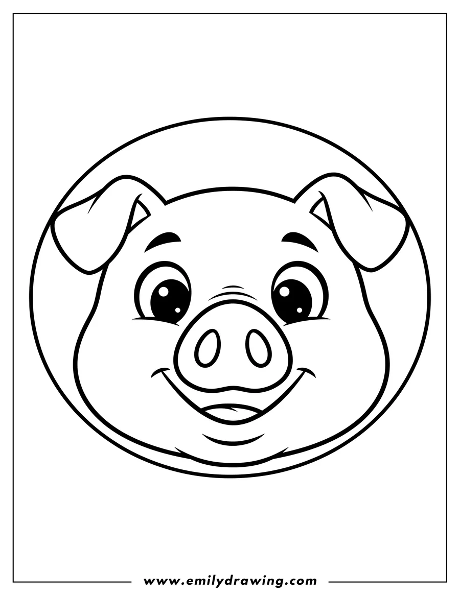 Outline drawing of easy Outline smiling Pigs Face with big eyes and a snout