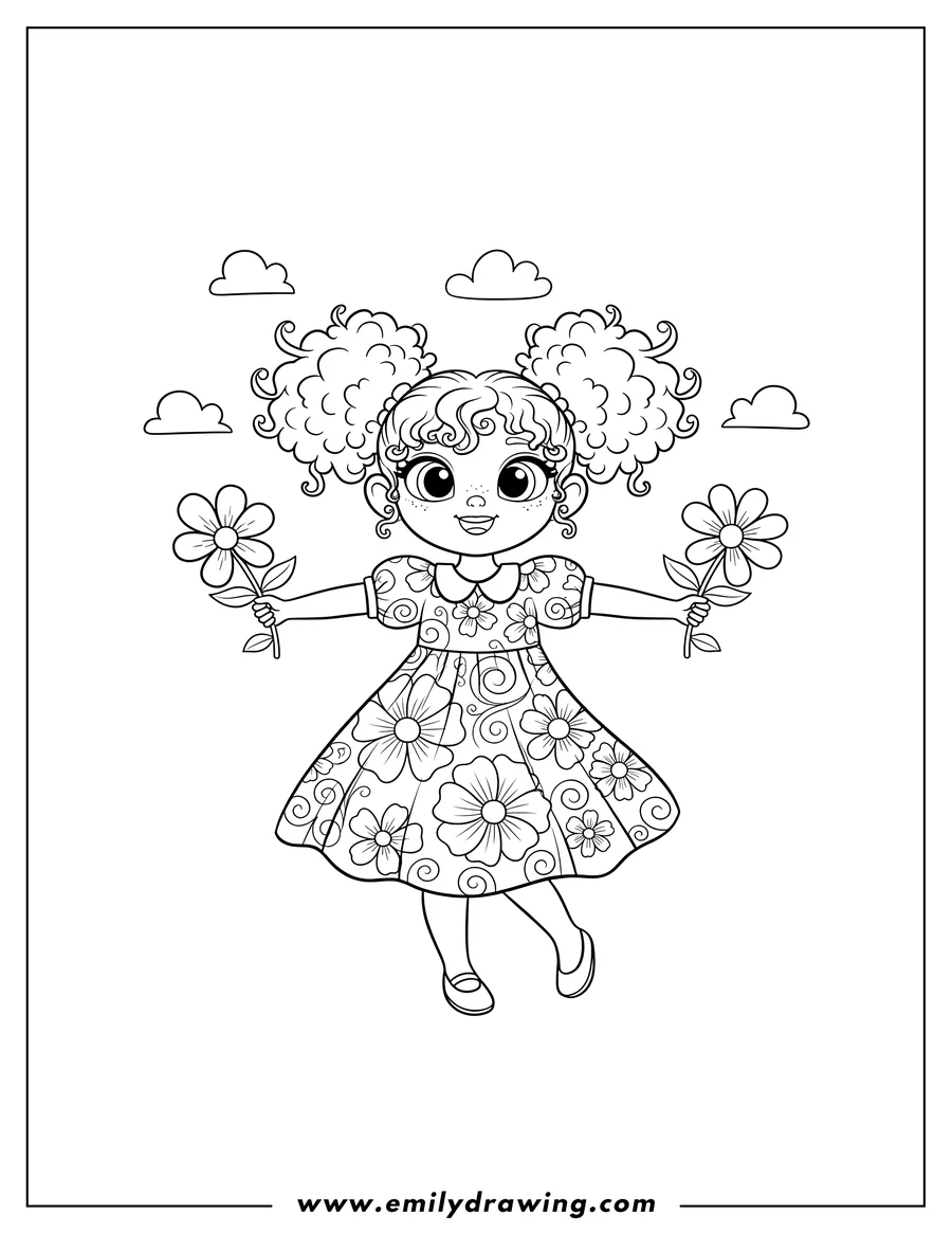 Black and white line art of easy Poppy with curly pigtails and a dress
