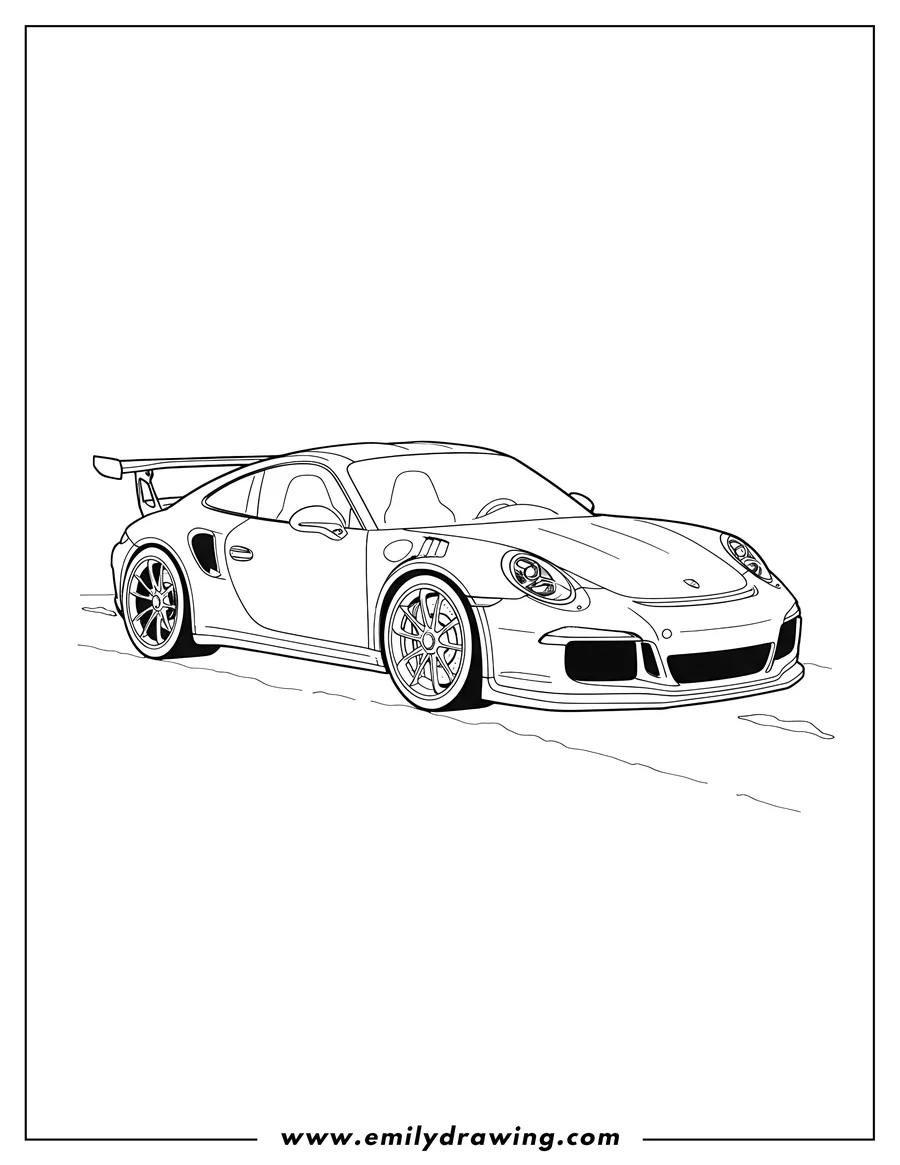 Linear illustration of easy Porsche Gt3 Rs with a large rear wing, outline drawing