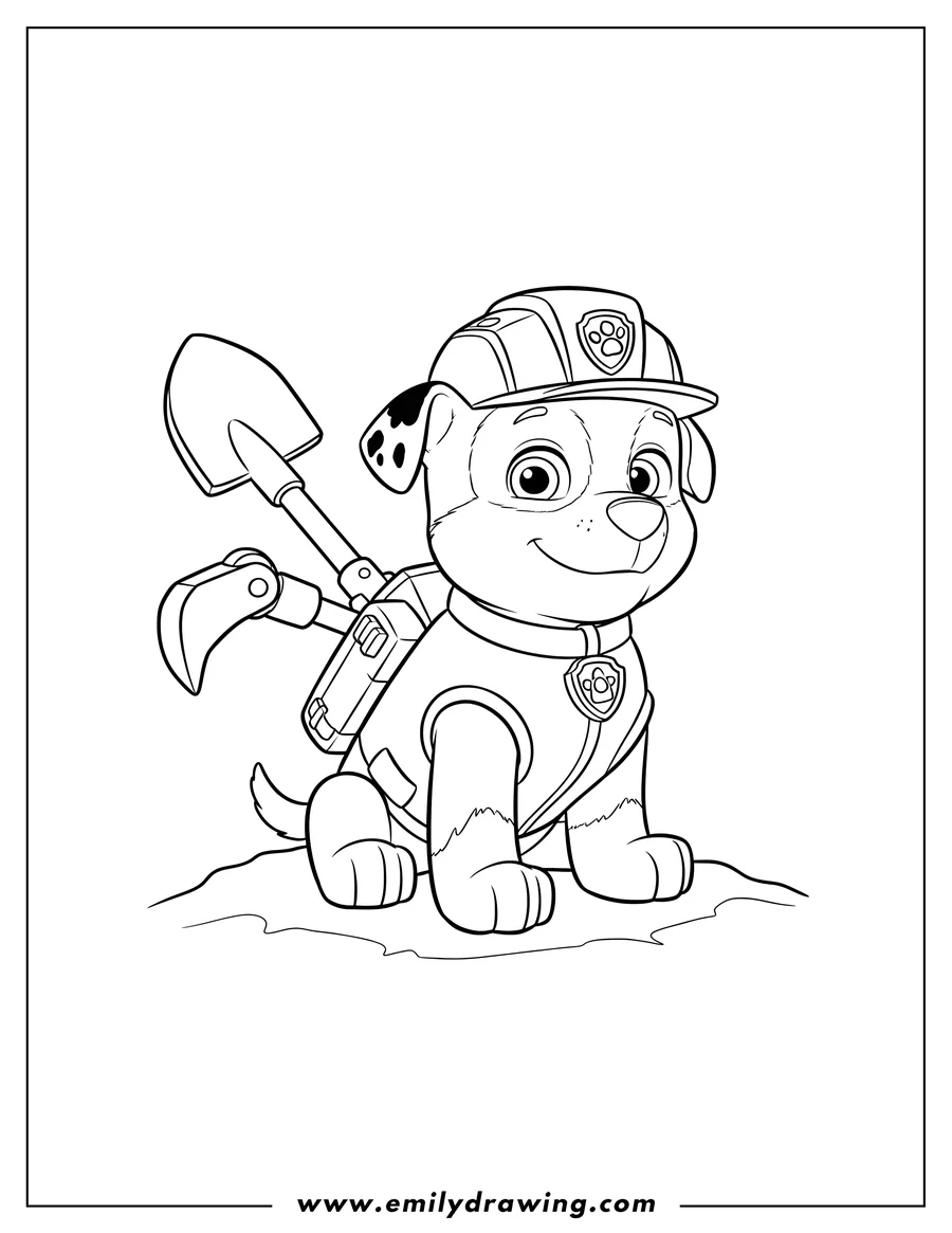 Coloring sheet featuring easy Rubble From Paw Patrol Scaled, sitting with his construction hat and extended shovel backpack