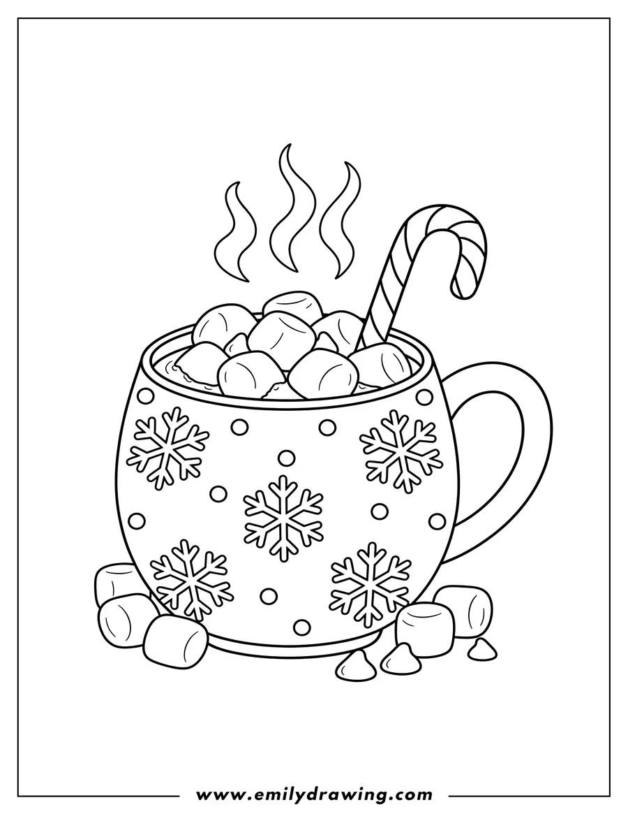 Coloring page for kids: easy Hot Chocolate in a mug with a snowflake design, candy cane, and marshmallows