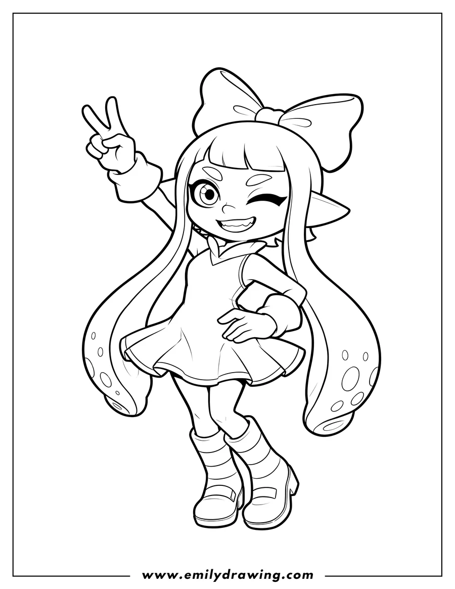 Outline drawing of easy Splatoon Callie, winking, smiling, and striking a dynamic pose