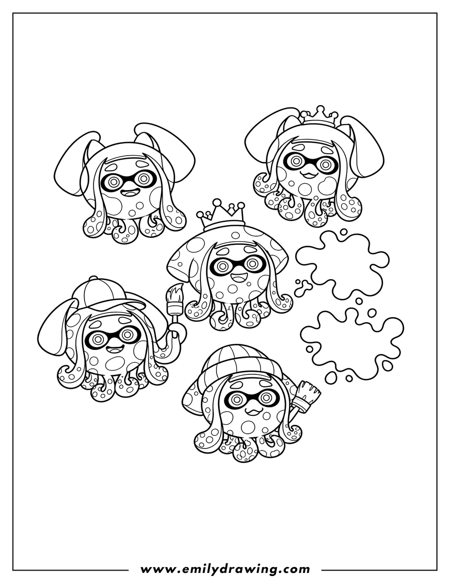 Outline drawing of easy Splatoon Squid Preschoolers, with big eyes and spots