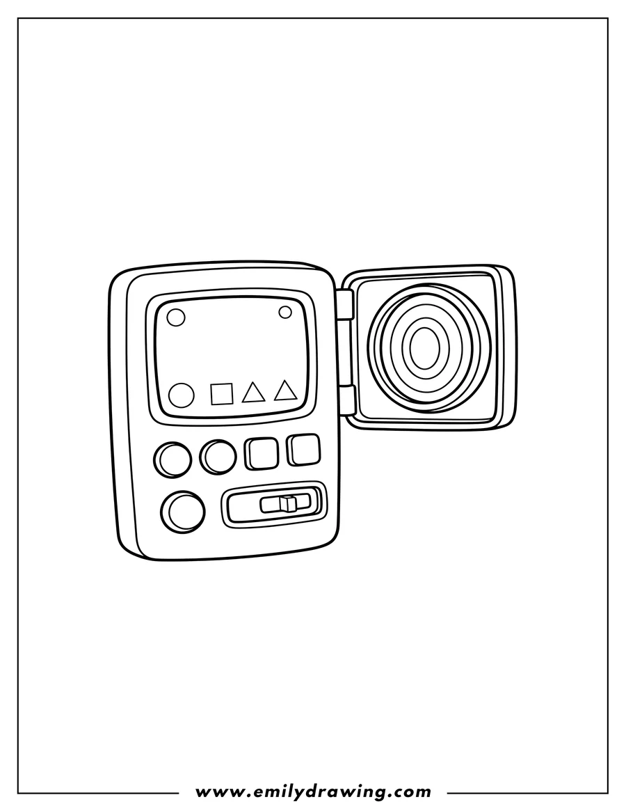 Downloadable coloring page of easy Star Trek Tricorder with screen, controls, and open flap