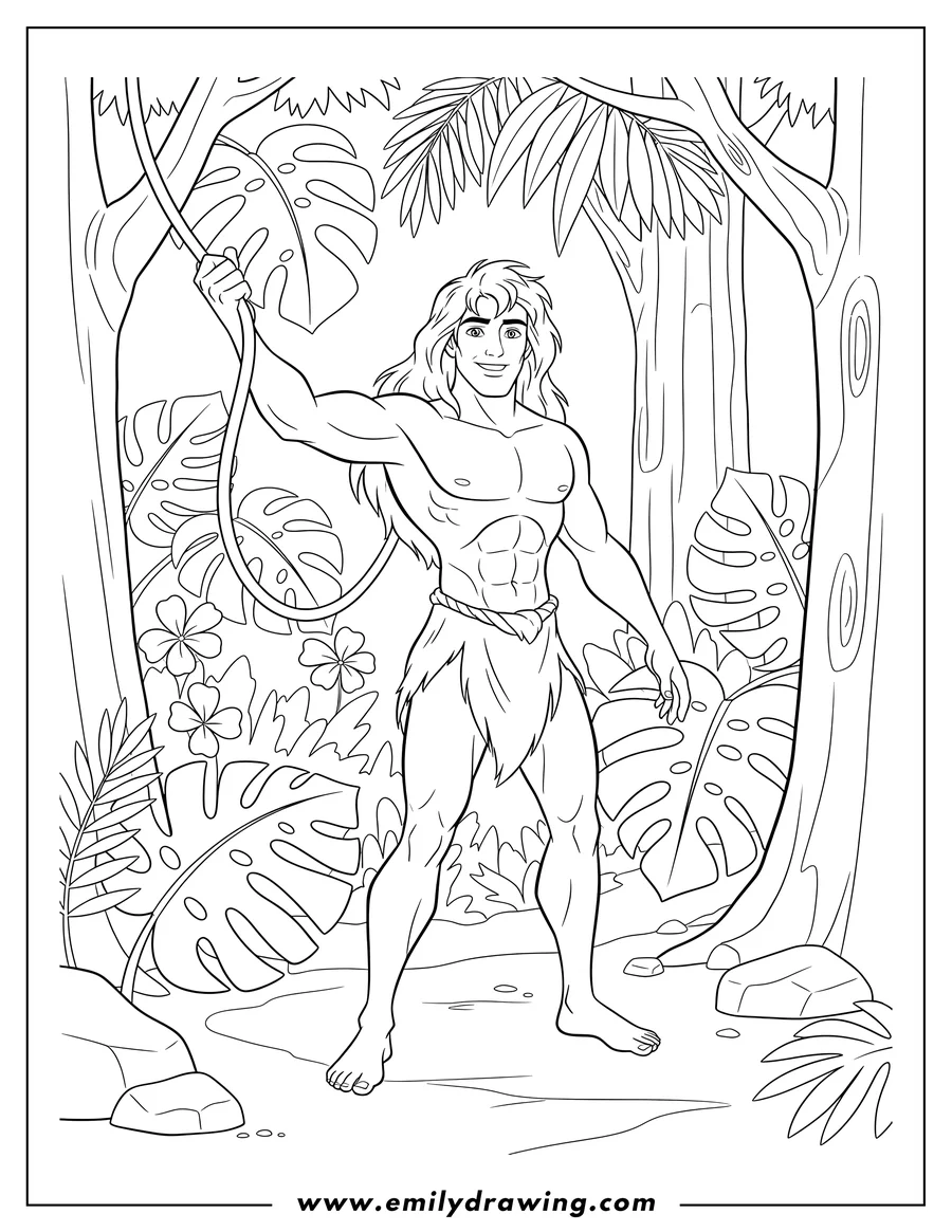 Free printable coloring sheet of easy Tarzan Outline Jungle, Tarzan standing with long hair, wearing a loincloth