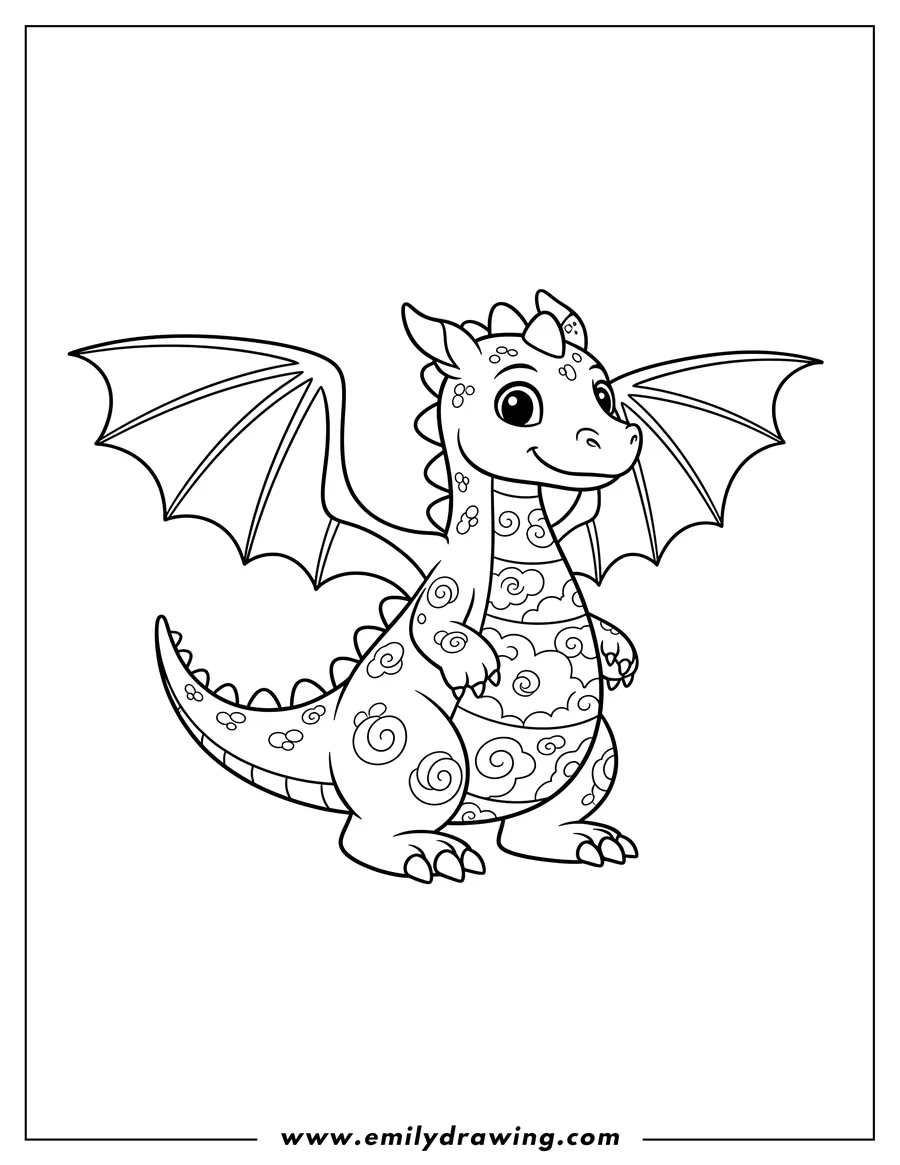 Coloring sheet featuring easy To Color Dragon standing with wings and spikes