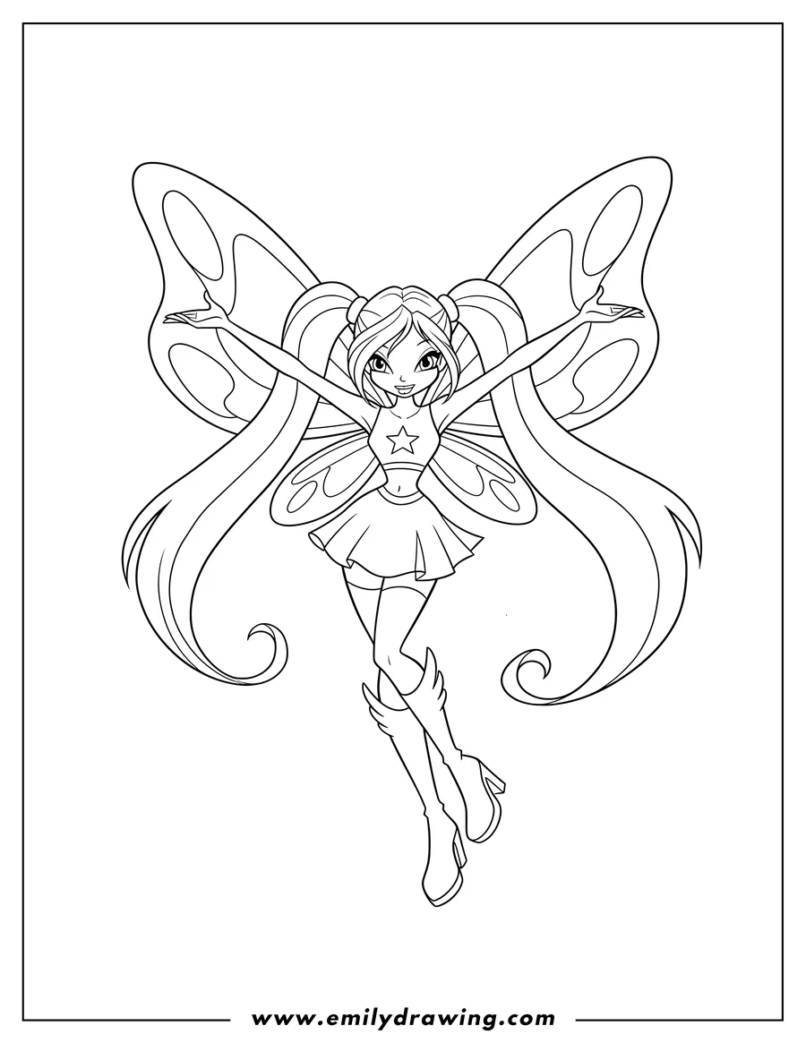 Downloadable coloring page of easy Winx Musa outline with pigtails and wings