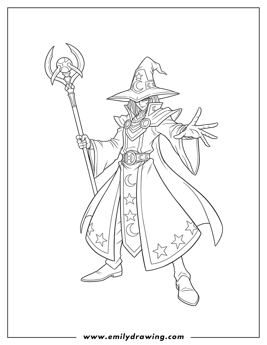 High quality printable yu Gi Oh Ebon High Magician holding a staff with an outstretched hand for coloring