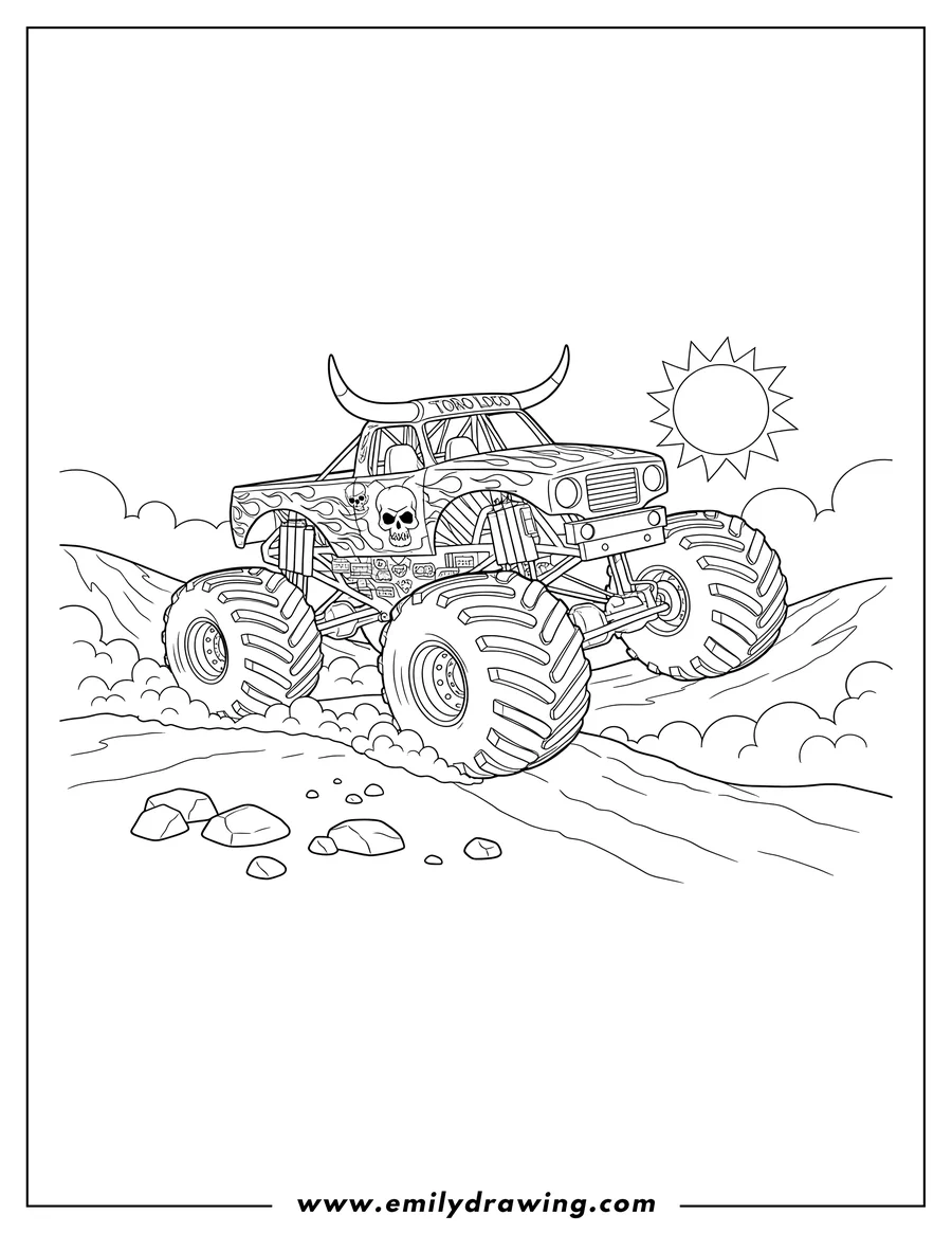 Full page coloring image of el Toro Loco Monster Truck driving up a dirt hill