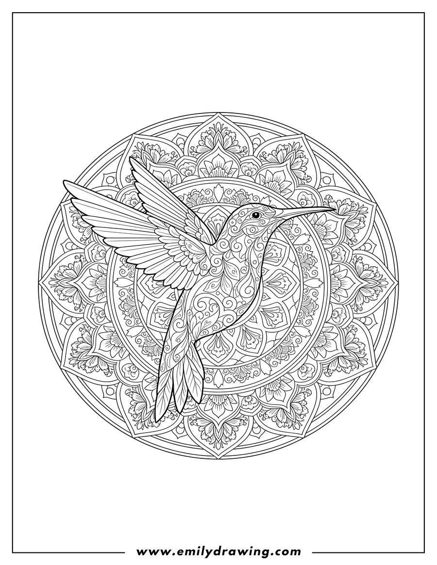 Coloring sheet featuring elegant Hummingbird Mandala, in flight with wings spread