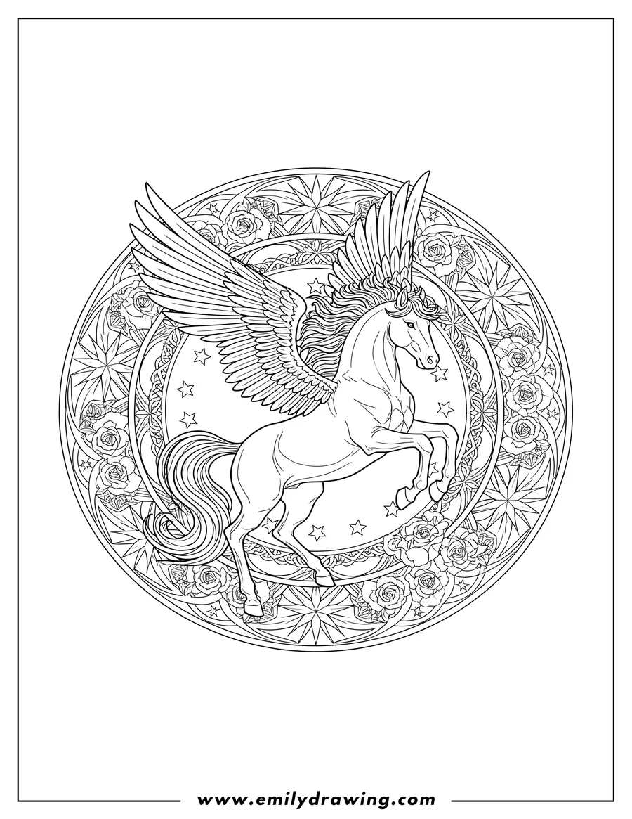 Downloadable coloring page of elegant Pegasus rearing with spread wings, ornate mandala frame with roses and stars, Adults