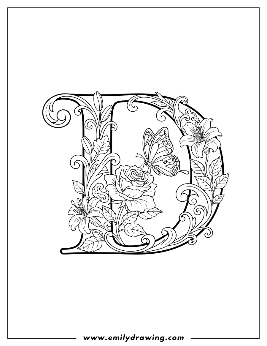 Black and white line art of elegant Uppercase Letter D With Floral Design, with a butterfly