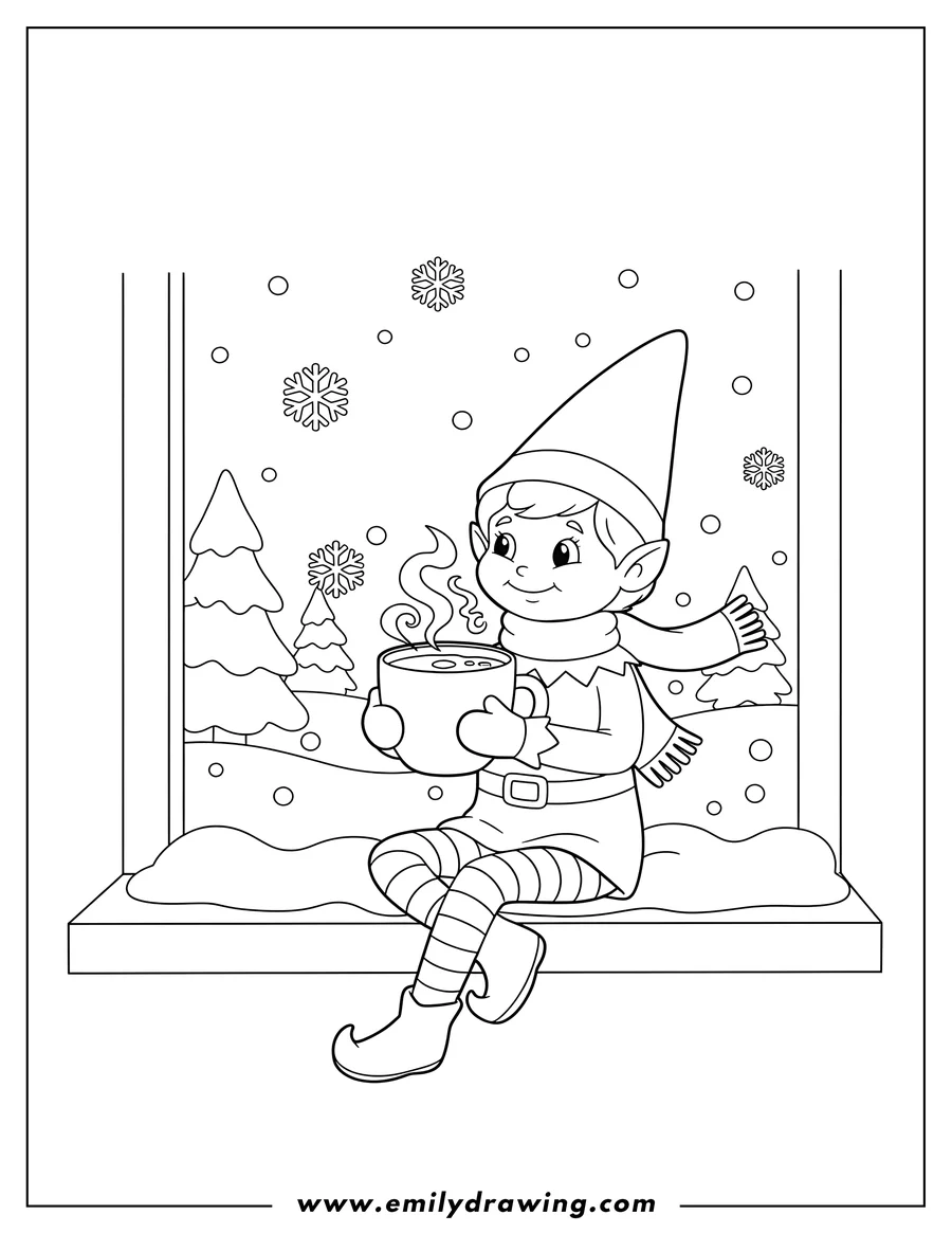 Coloring sheet featuring elf On Shelf with a pointy hat and striped leggings drinking hot cocoa from a mug on a snowy windowsill