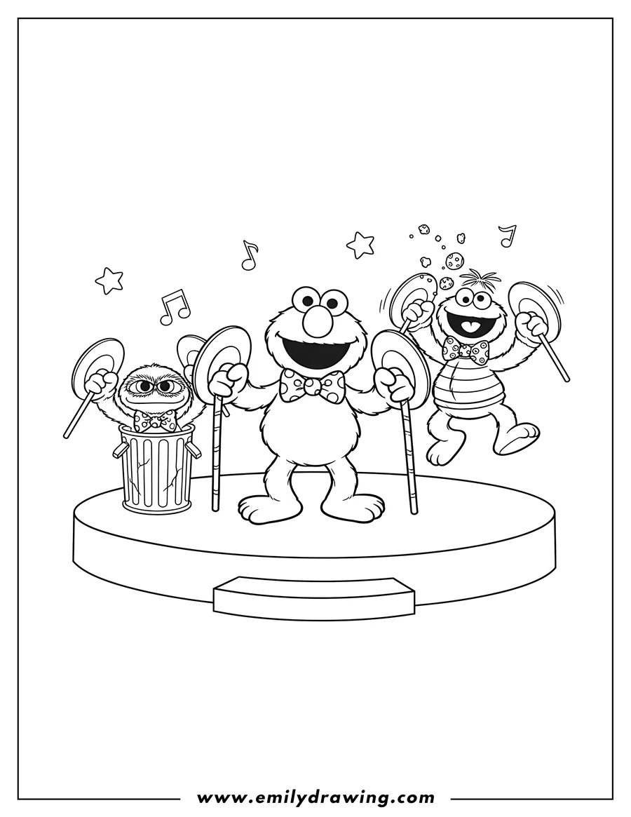 Free to print drawing of elmo, Oscar the Grouch, Cookie Monster, and Grover on stage, wearing bow ties, holding canes and cymbals, with Oscar in his trash can