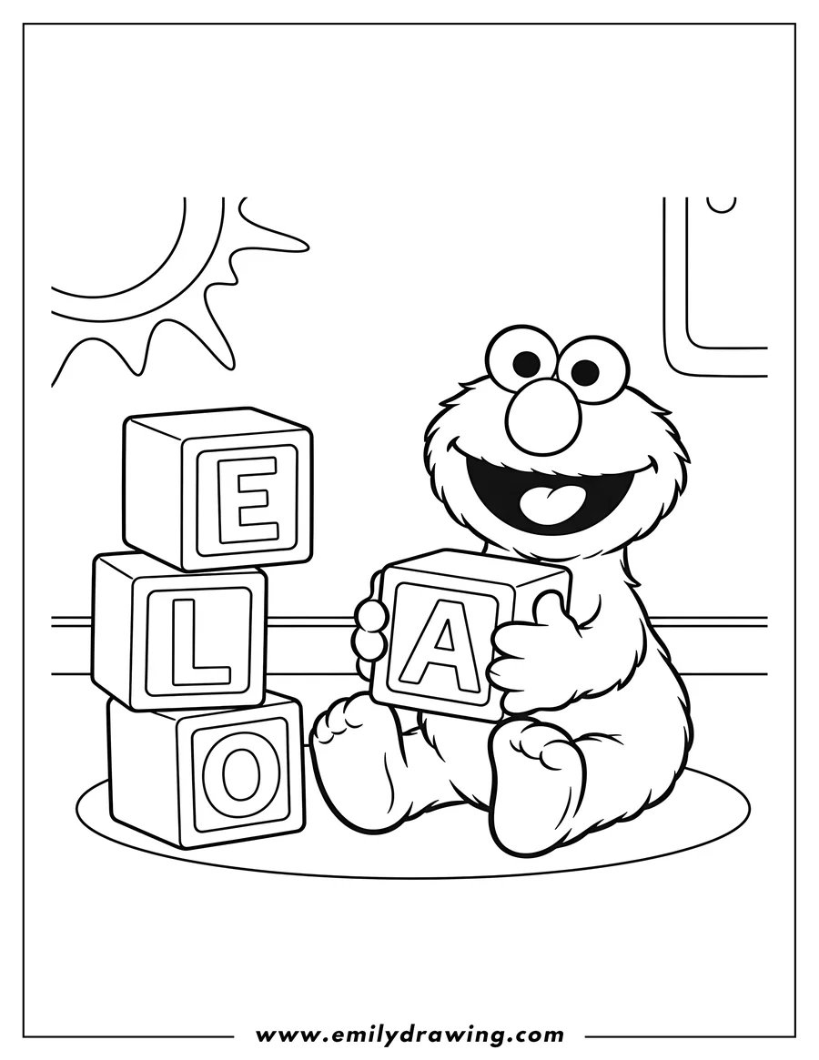 Simple sketch of elmo sitting and smiling, holding an alphabet block, with blocks spelling ELMO. To Color Preschoolers 1 Scaled to color