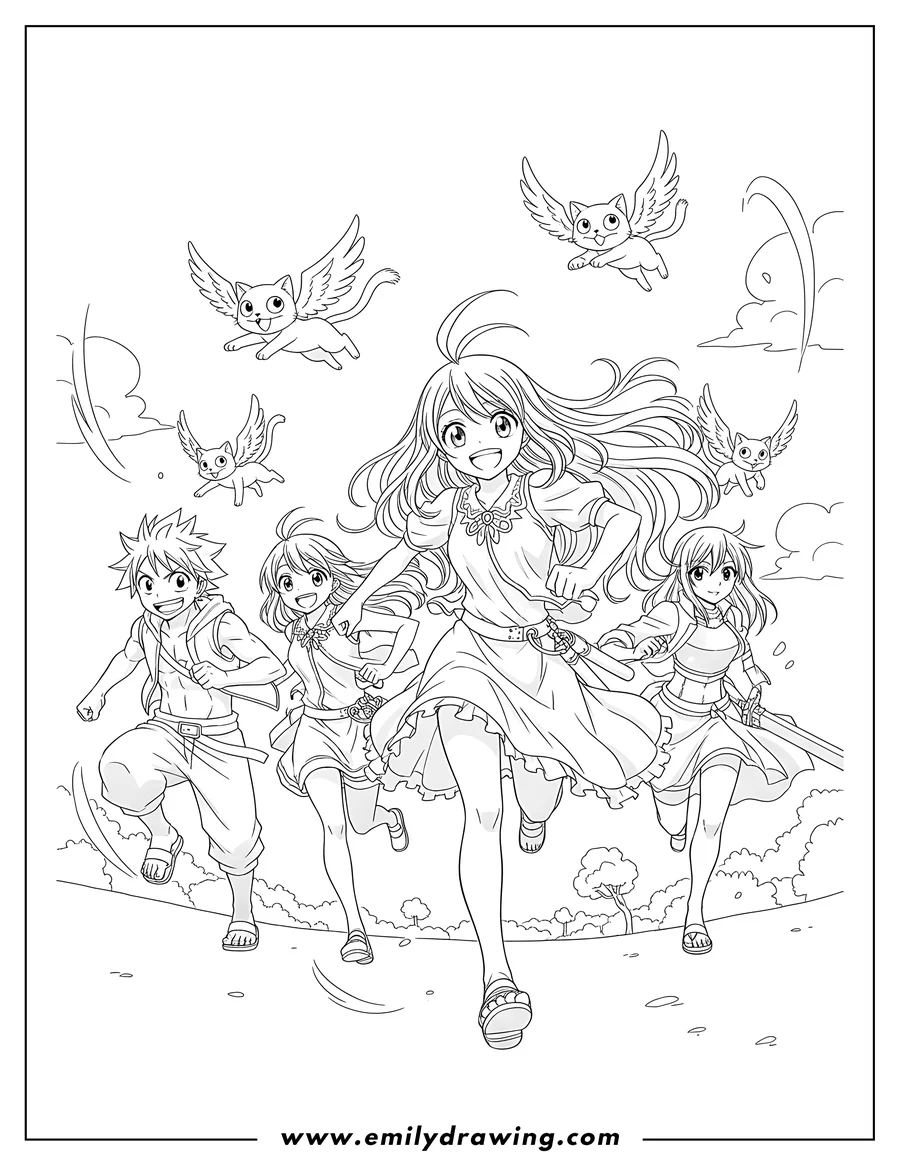 Clean line drawing: fairy Tail Anime characters running with Mavis and winged cats
