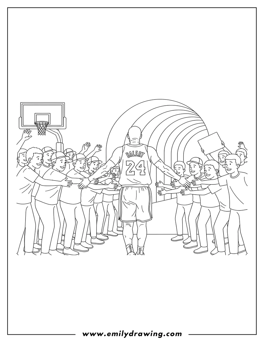 Printable line art of fans Reaching Kobe Bryant After Game, with Kobe wearing his #24 jersey and seen from behind as he walks through a tunnel