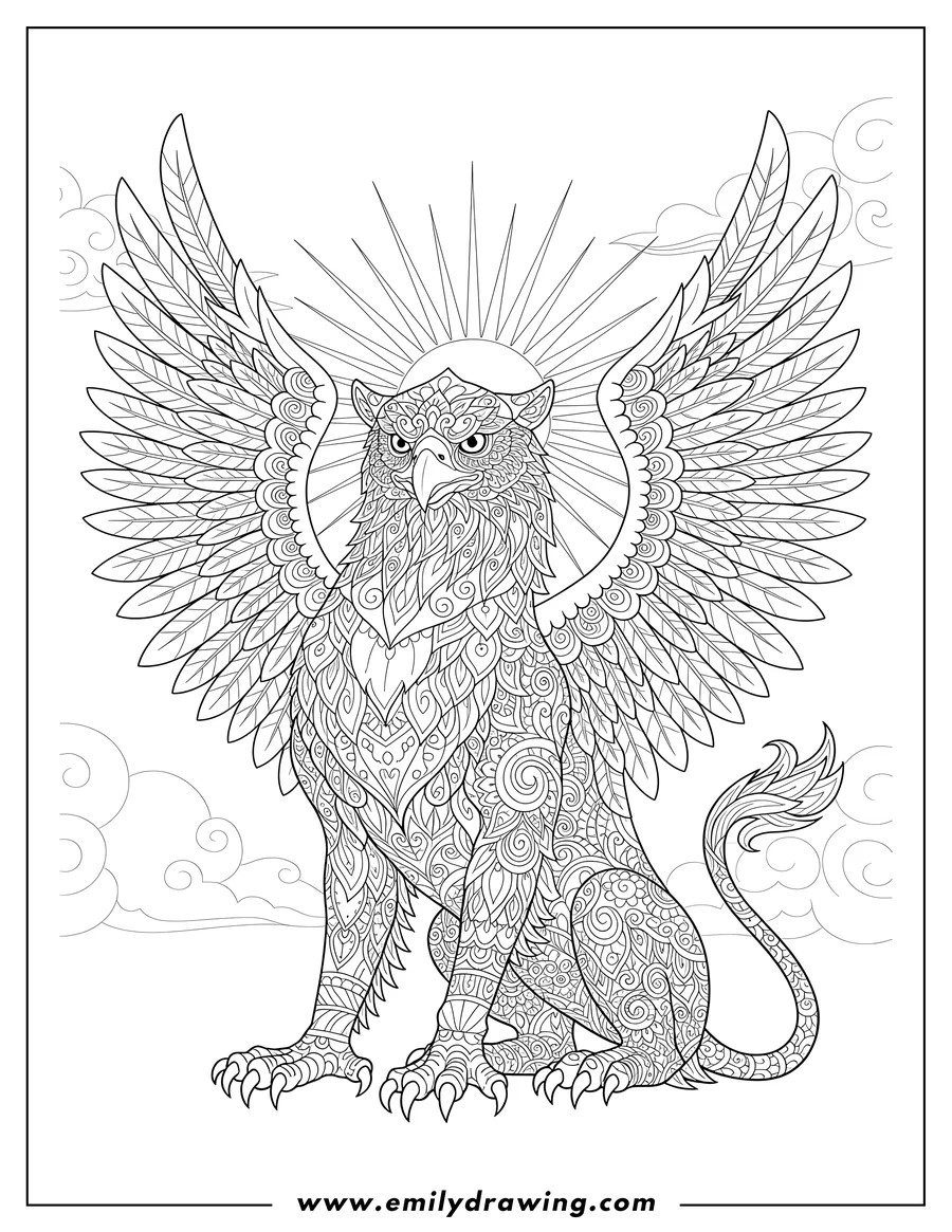 Doodle style coloring picture of fantasy Griffin standing majestically, with an eagle head and large wings, covered in intricate mandala designs, for an adult coloring page