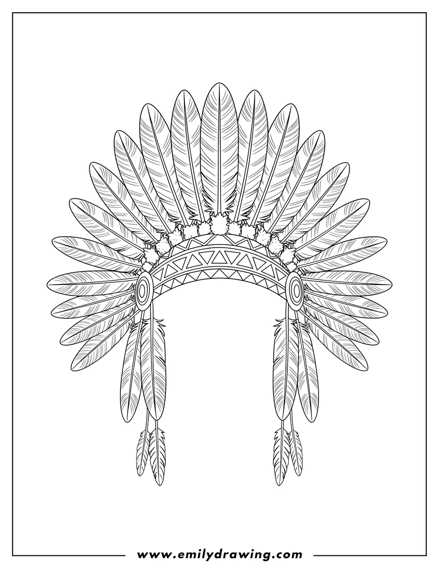 Coloring sheet featuring feathered Native American Headdress with a patterned band
