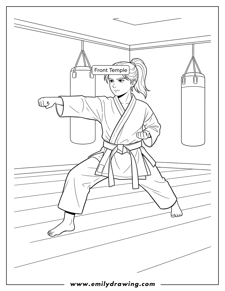 Clean line drawing: female Karate Student in a wide stance practicing a forward punch Front Temple
