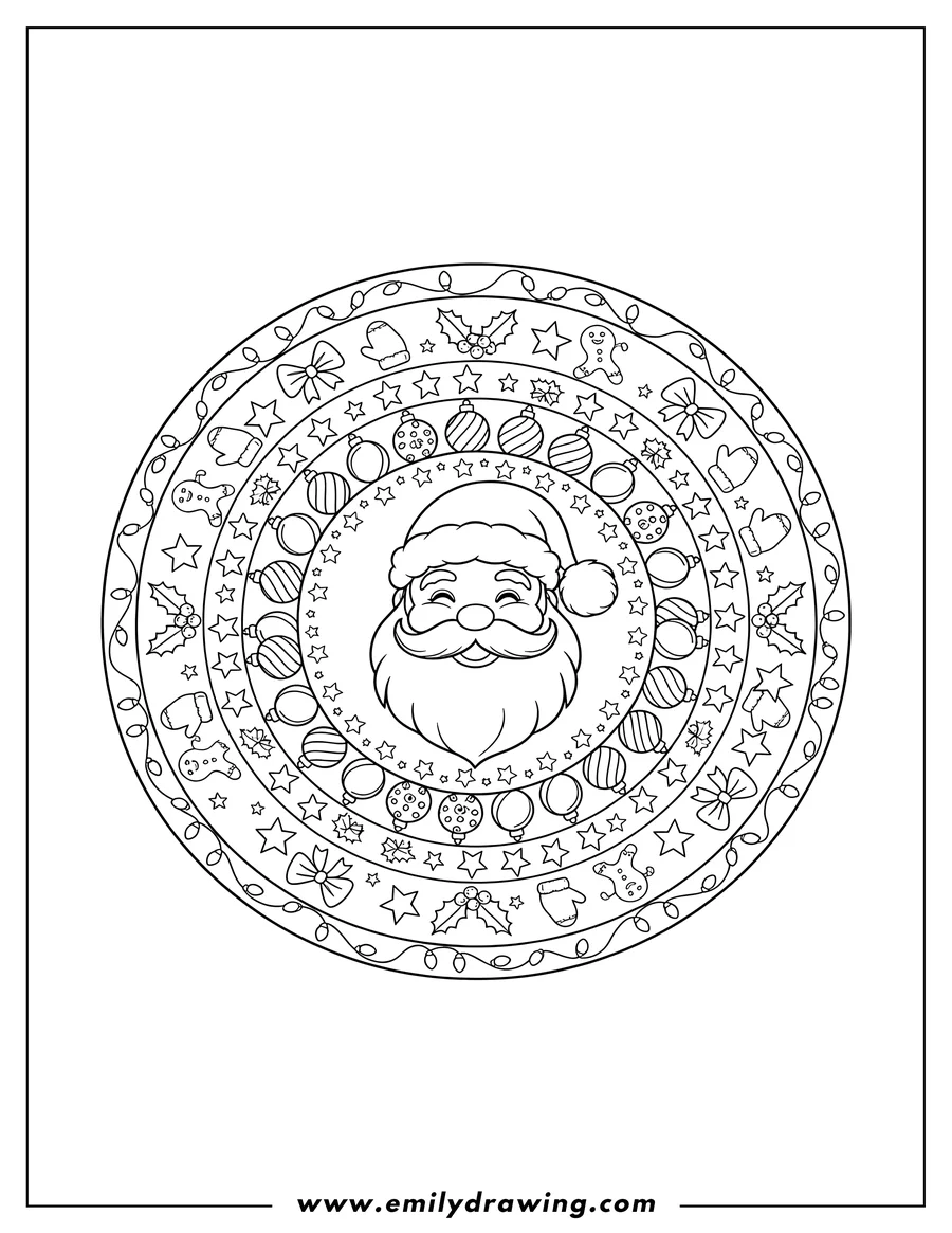 Simple sketch of festive Christmas Lights Mandala with stars, Hollies, Baubles, Santa Hat, Gingerbread Man, Mitten, and Bow to color