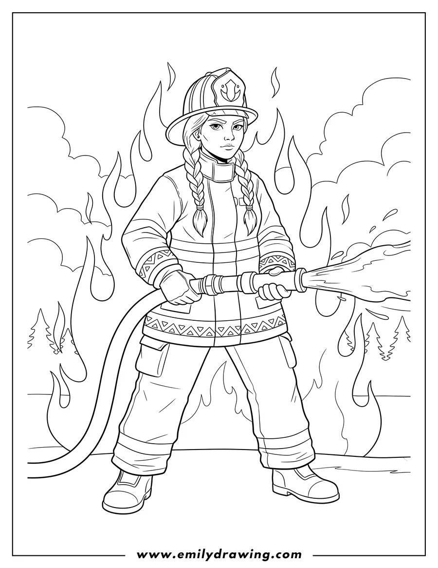Doodle style coloring picture of native American female firefighter, wearing a helmet and braids, holding a hose in front of flames