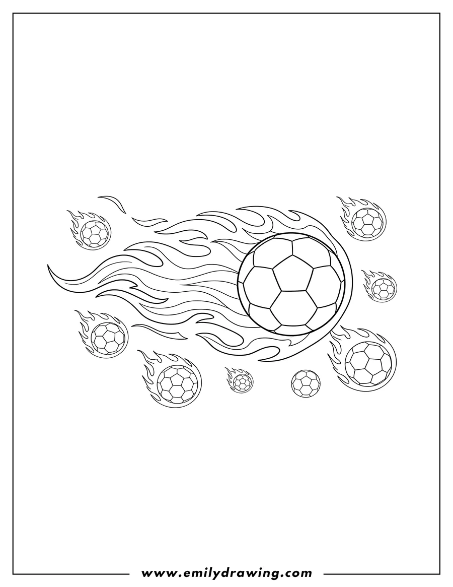 Free printable coloring sheet of flaming soccer ball with a speed trail and scattered soccer balls to color