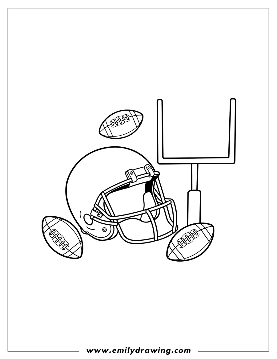 Free to print drawing of american footballs, some floating, a helmet, and a goal post to color