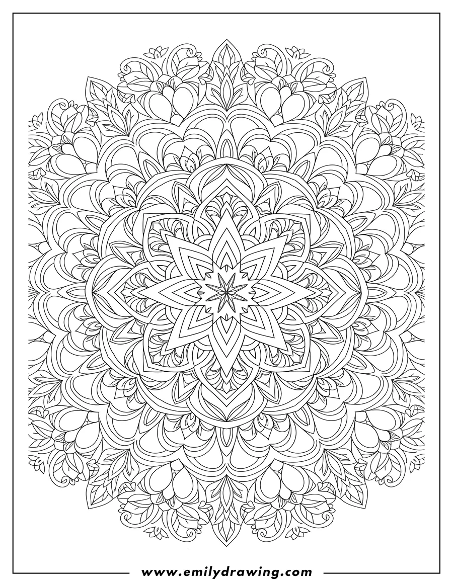 High quality printable complex Floral Mosaic, a round geometric mandala with a star in the center for coloring