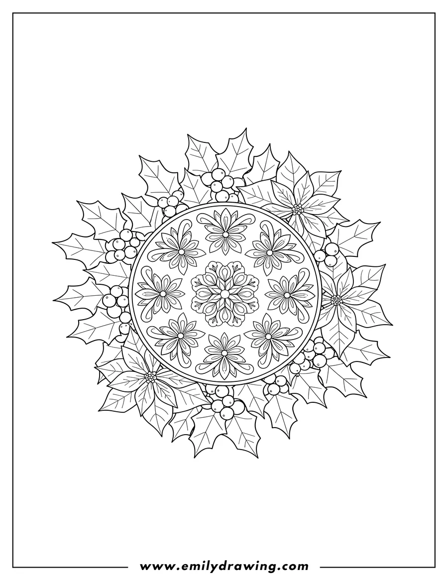Printable line art of flower Christmas Mandala surrounded by holly leaves, berries, and a poinsettia
