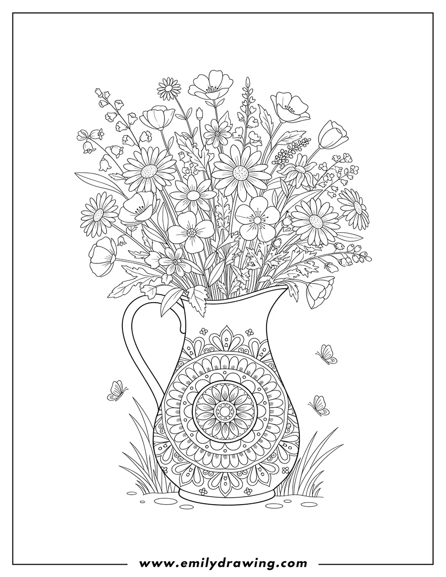 Simple sketch of flower Mandala Pitcher Vase Full Wildflowers to color