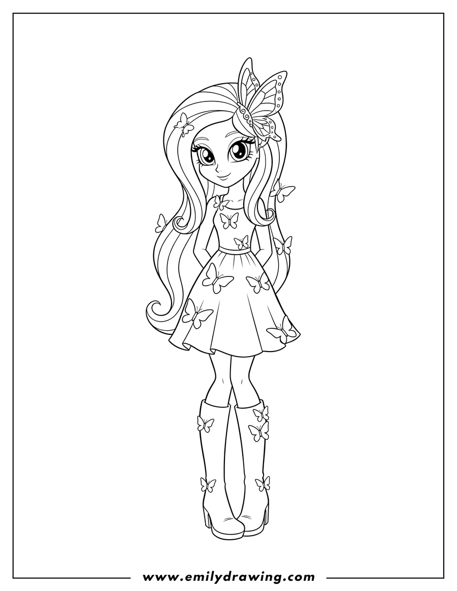 High quality printable fluttershy From Equestria Girls with a butterfly in her hair, butterflies on her dress, and hands behind her back for coloring