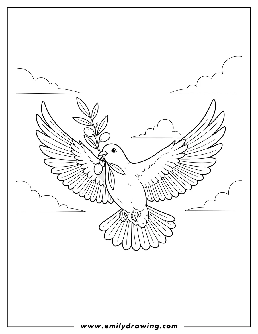 Coloring sheet featuring [Scene]: Flying Dove Carrying An Olive Branch