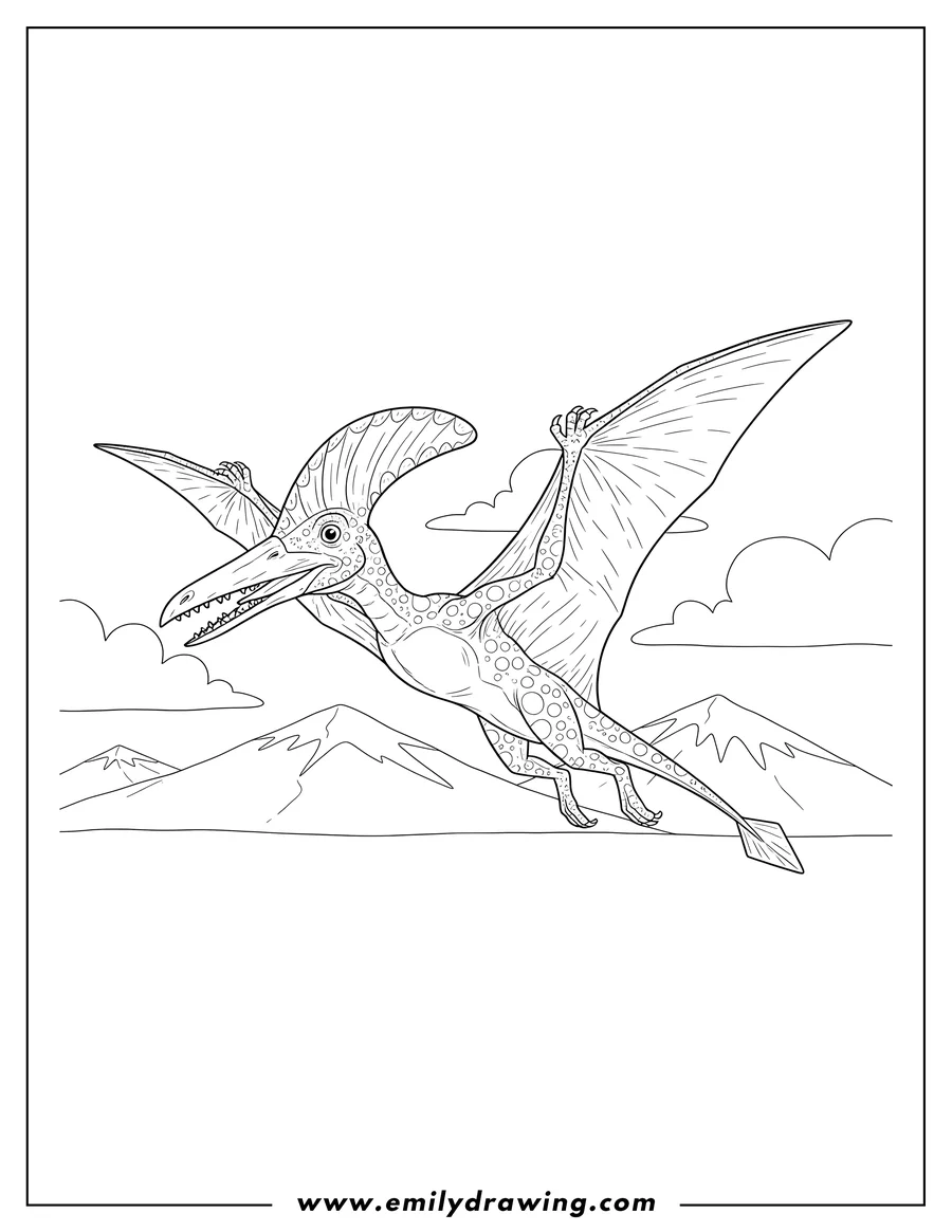 Vector style outline of flying Pterodactyl With a Head Crest, Long Beak, Textured Skin, And Detailed Wings