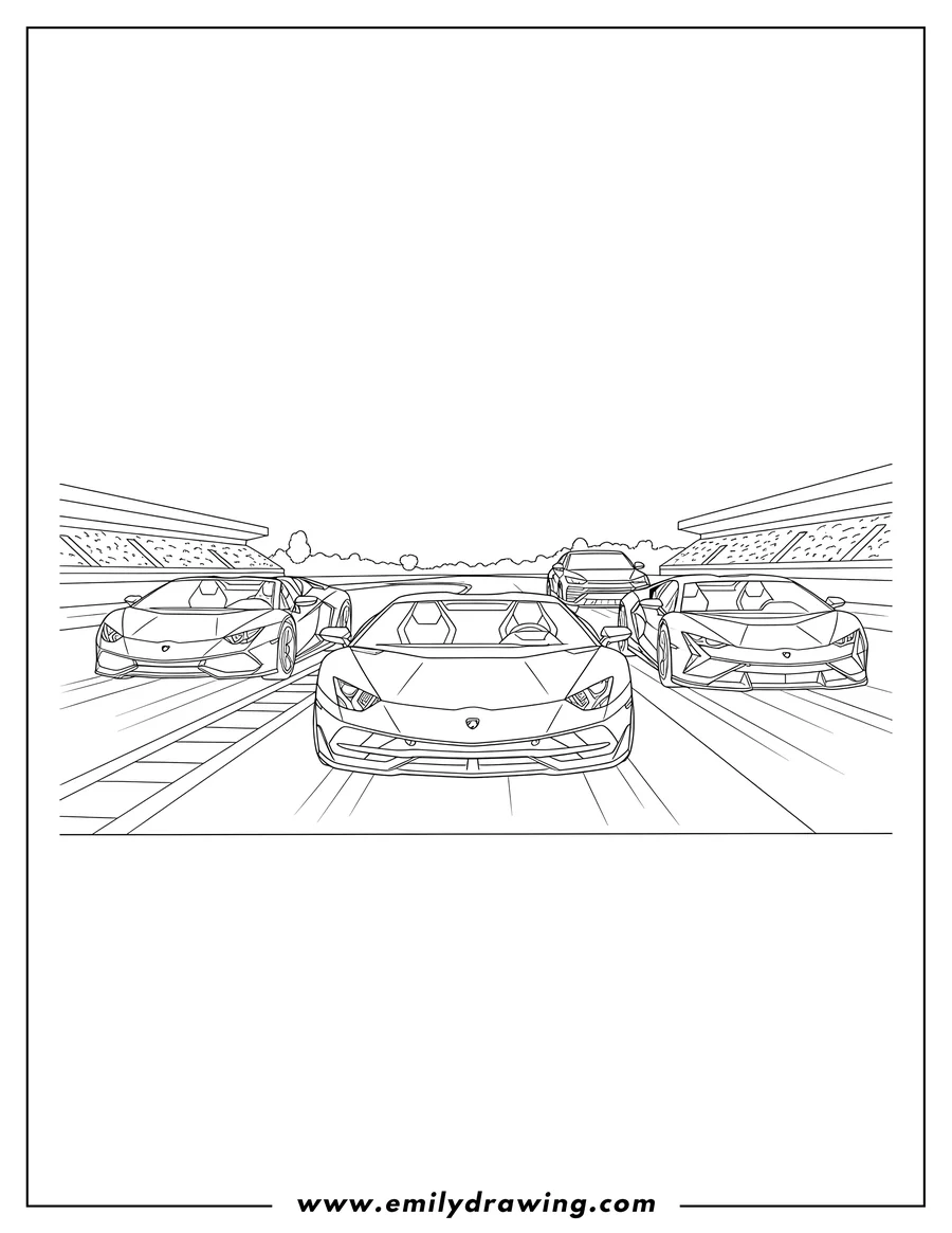 Linear illustration of four Lamborghini Cars On Race Track, driving fast and approaching from the front