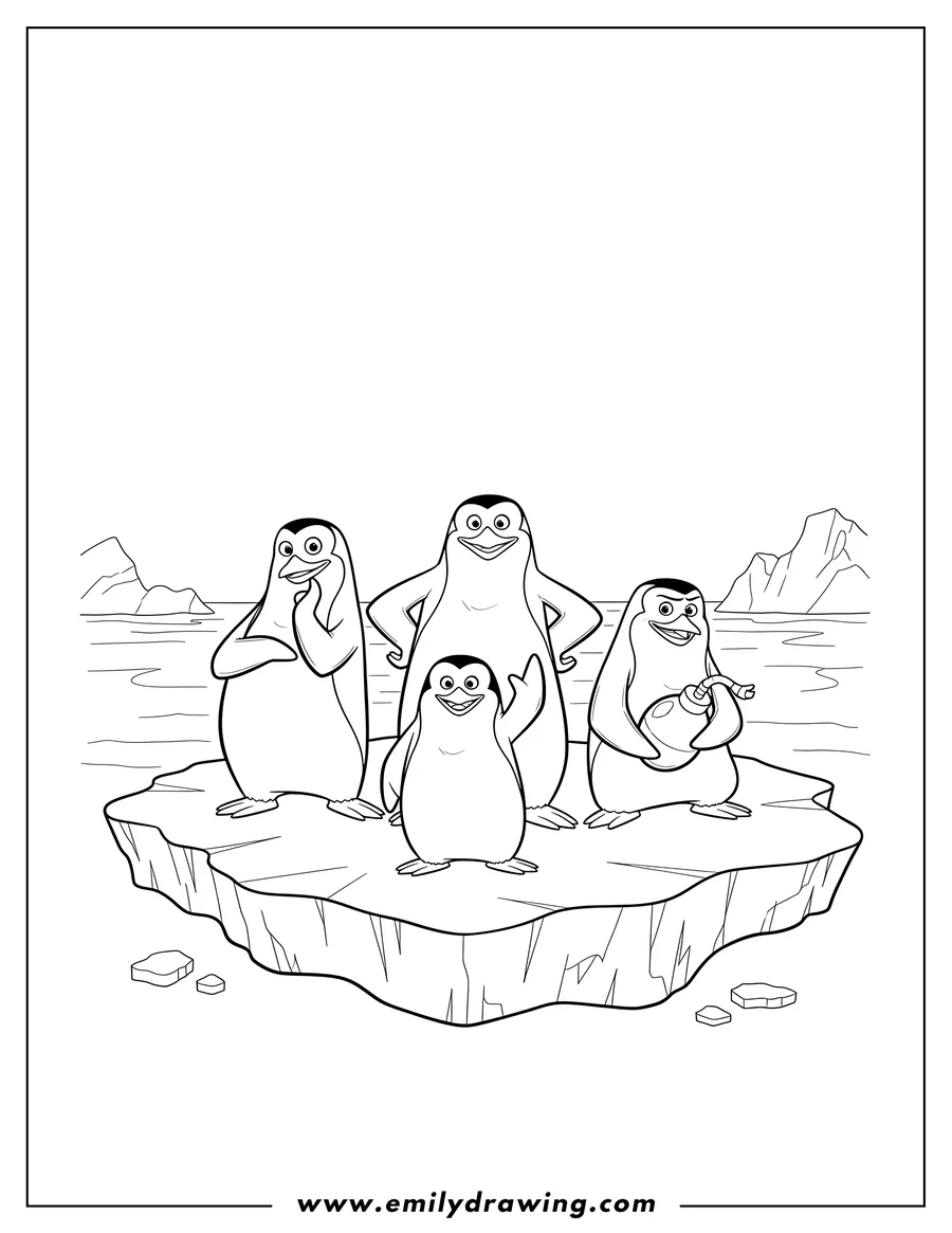 Black and white line art of four Penguins Madagascar posing together on an ice floe