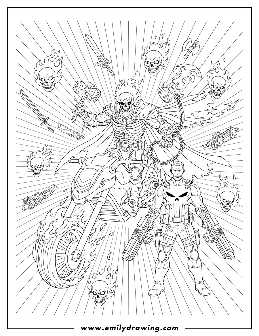 Doodle style coloring picture of frank Castle Cosmic Ghost Rider, alongside The Punisher, with flaming skulls and weapons