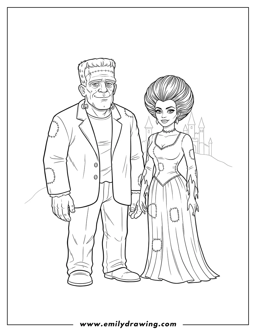 Coloring page of frankenstein and his Bride standing together