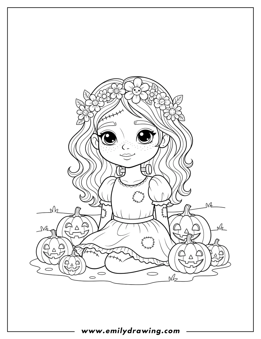 Coloring page for kids: pretty Little Frankenstein with a flower wreath, stitches, and neck bolts, sitting among jack-o'-lanterns