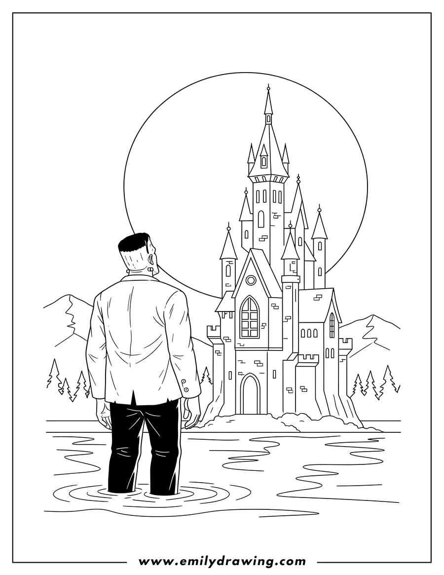 Clean line drawing: frankenstein standing in shallow water with his back to the viewer, looking at a castle silhouetted against a full moon