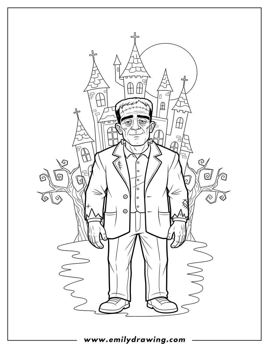Linear illustration of frankenstein standing facing forward in a jacket in front of a haunted castle