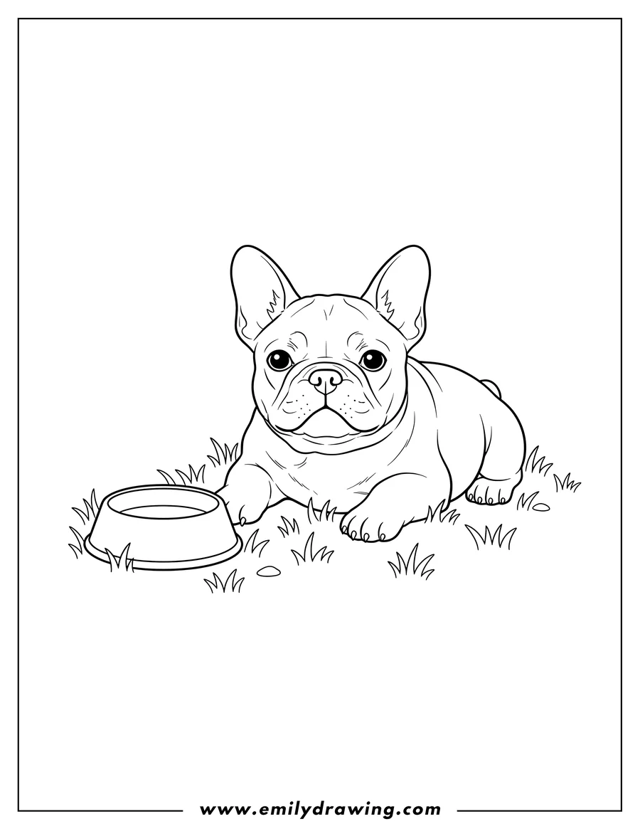 Coloring page of french Bulldog Lying On Grass on its belly, with a food bowl