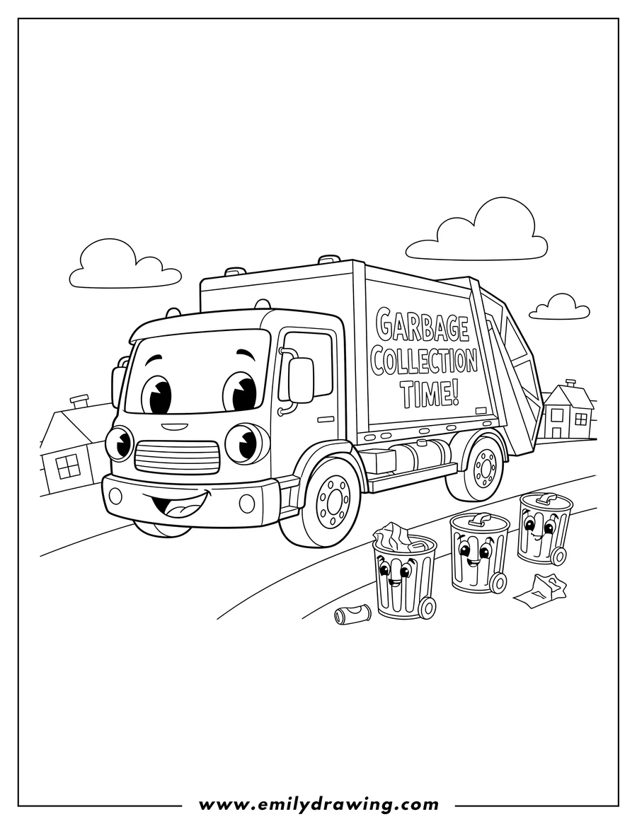 Free to print drawing of friendly Cartoon Garbage Truck with a happy face and 'Garbage Collection Time!' on its side, driving past garbage cans