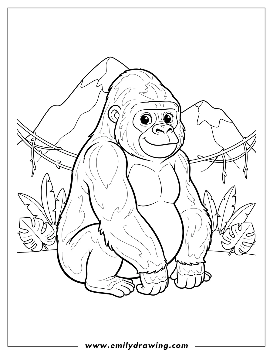 PDF style coloring page: friendly Gorilla Sitting Peacefully Looking Right Mountain Jungle View