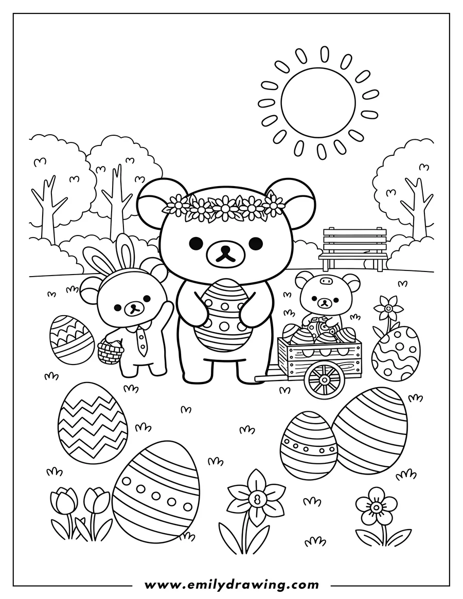 Simple sketch of rilakkuma At Park With Korilakkuma Kiiroitori And Chairoikoguma, celebrating Easter with Rilakkuma wearing a flower crown, Korilakkuma in bunny ears waving, and Kiiroitori as a pig in a cart to color